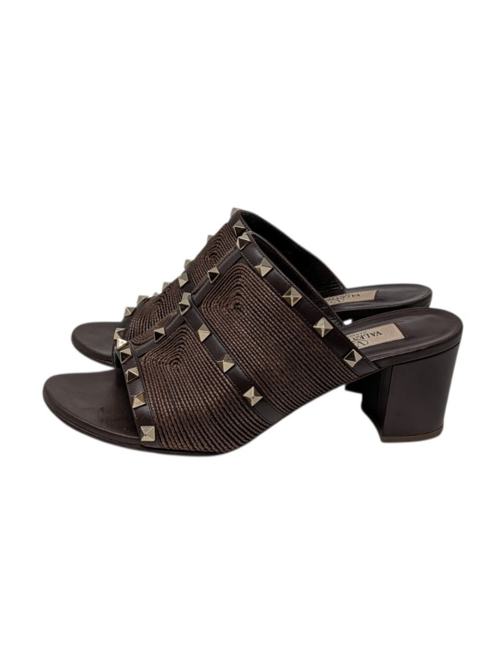 Valentino Garavani Rockstud Brown Raffia Block Heel Slide Sandals Size EU 38.5